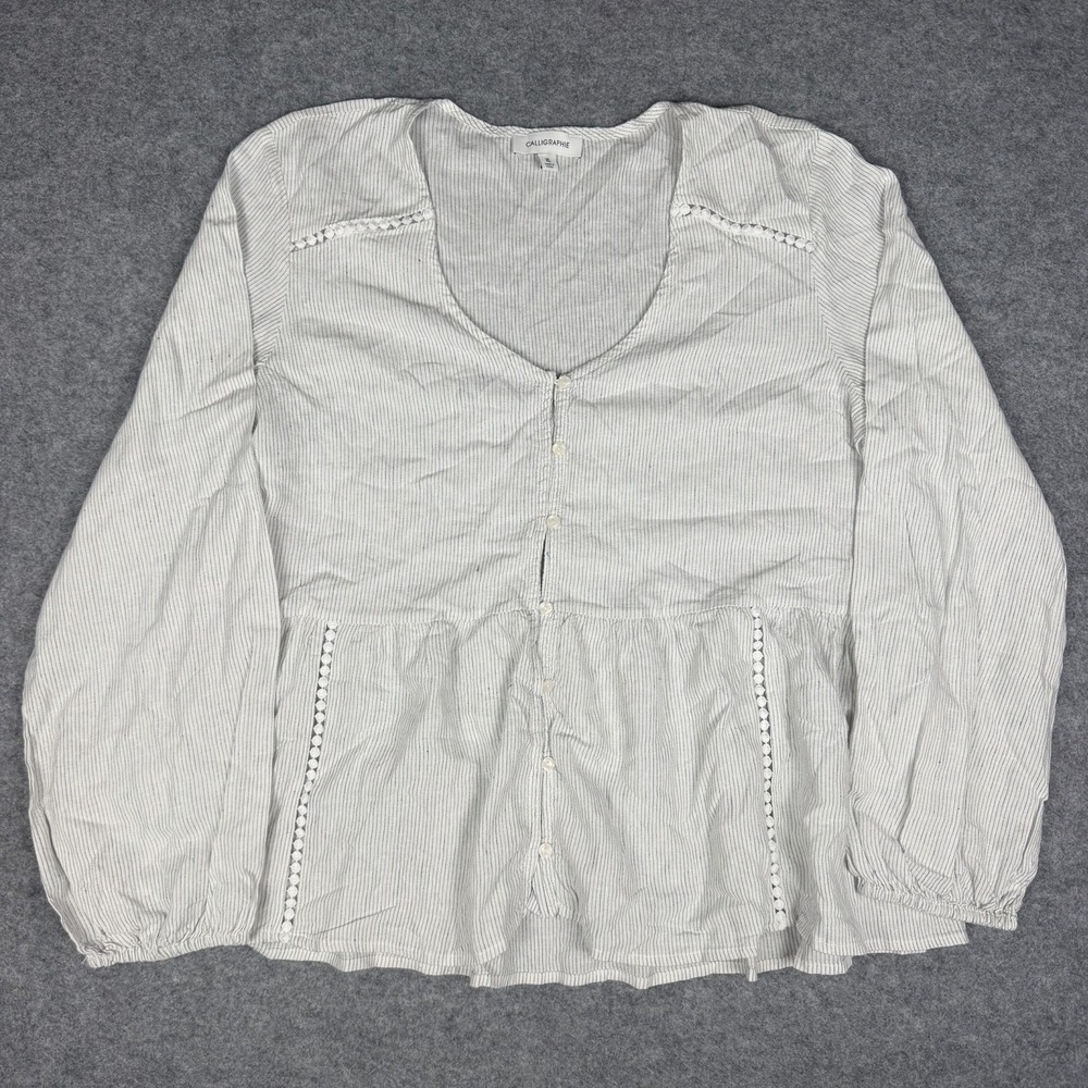 Calligraphie Linen Blend Blue White Striped Boho Peplum Blouse Top V-Neck XL